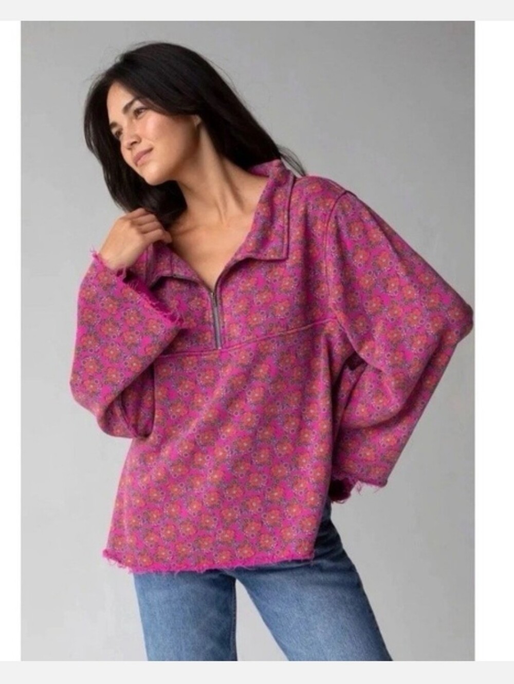 Natural Life Pink Floral Easy Does It Quarter Zip Sweatshirt S/M Wide Sleeves